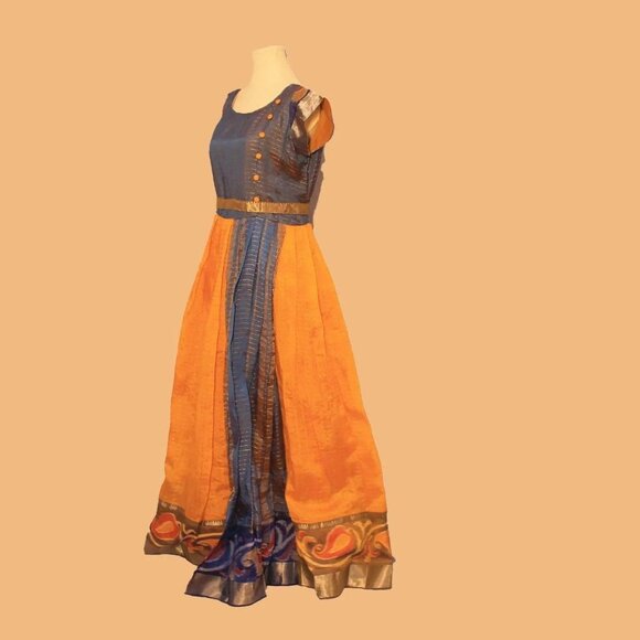 Yellow and Blue Silk Anarkali Dress | Muvvas Boutique - Picture 5 of 5